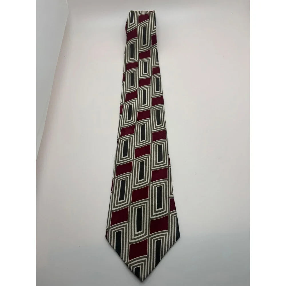 AXXA Mens Geometric Necktie Burgundy Grey Black Rectangular Pattern Silk Blend